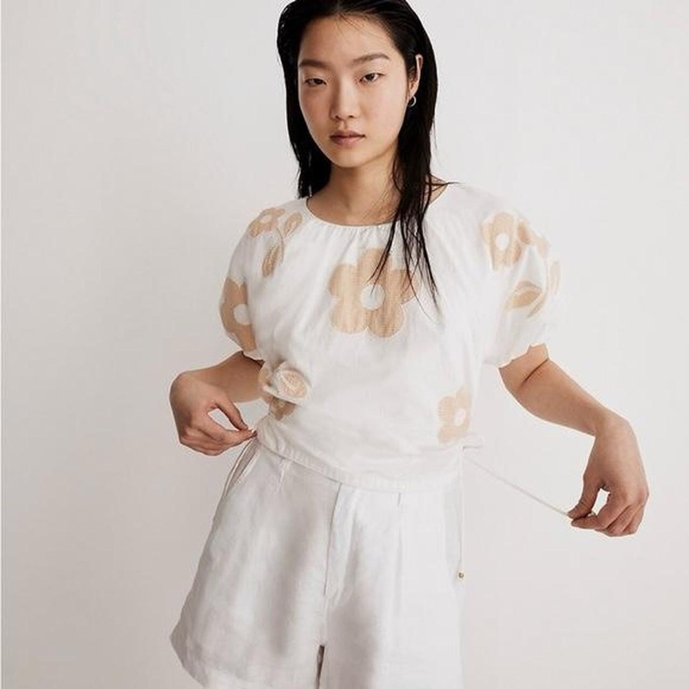 NWT Madewell Poplin Gingham Embroidered Flower Puff Sleeve Cut Out Top in White - Picture 6 of 8
